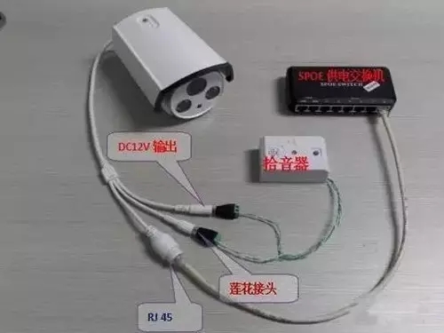 SPOE交换机供电摄像头与拾音头连接示意图